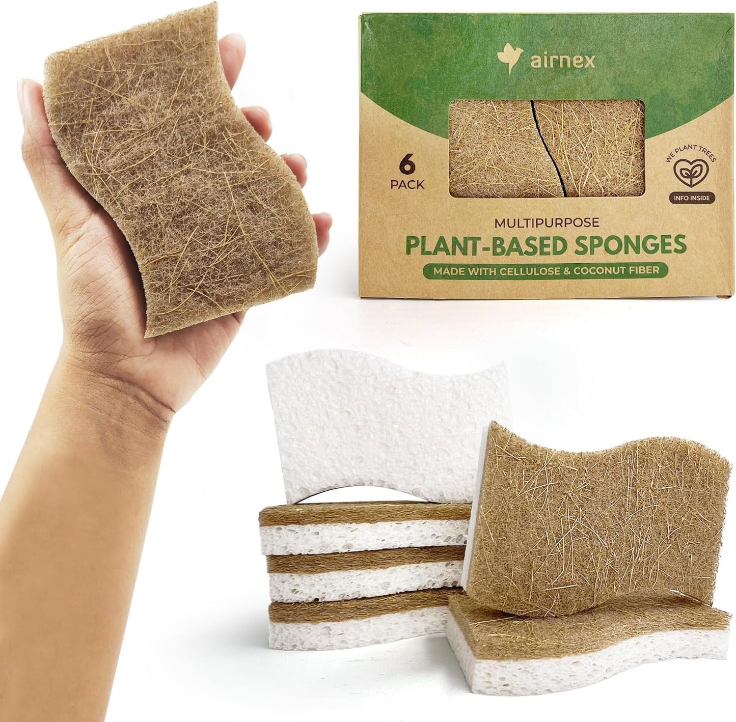 Biodegradable Natural Kitchen Sponge - Compostable Cellulose and Coconut Walnut Scrubber Sponge (6