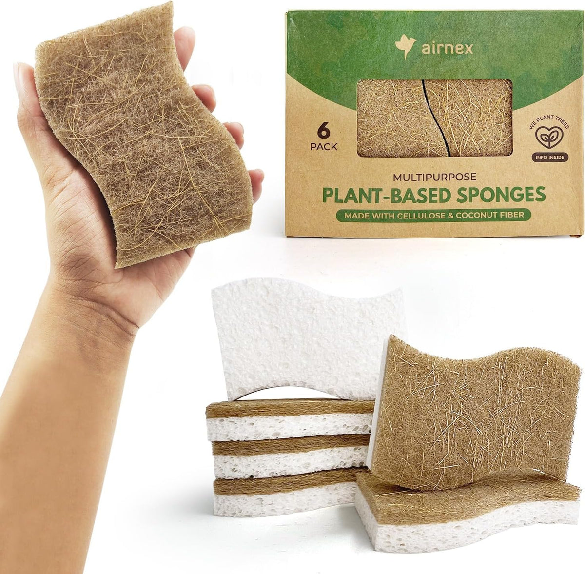 Biodegradable Natural Kitchen Sponge - Compostable Cellulose and Coconut Walnut Scrubber Sponge (6