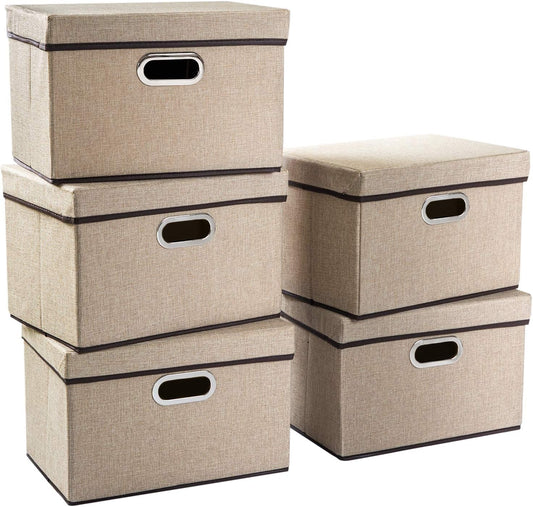 PRANDOM Collapsible Storage Containers with Lids [5-Pack] Jute Fabric Foldable Storage Bins Boxes