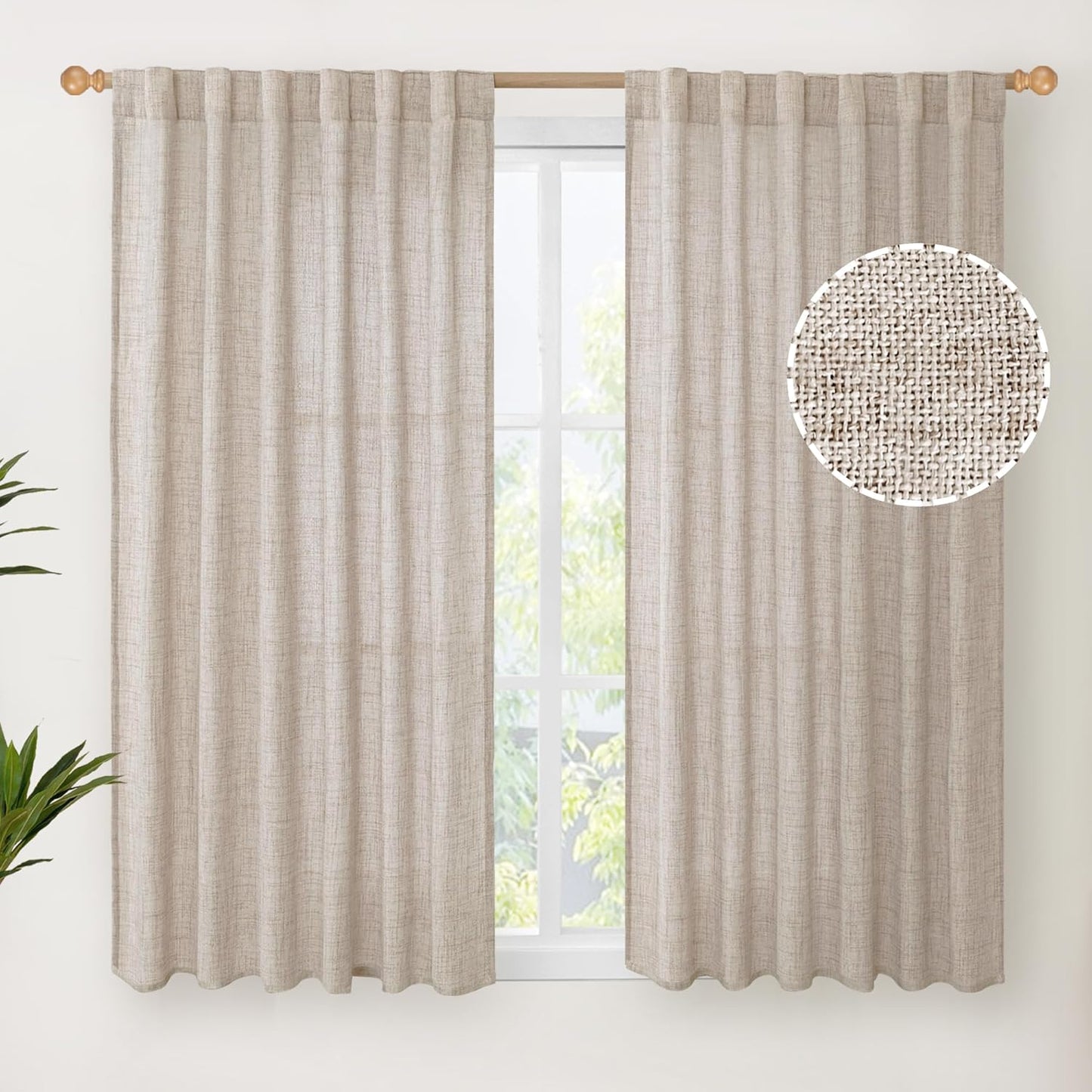 YoungsTex Natural Linen Curtains 45 Inch Length for Kitchen Bathroom Window, Burlap Semi Sheer