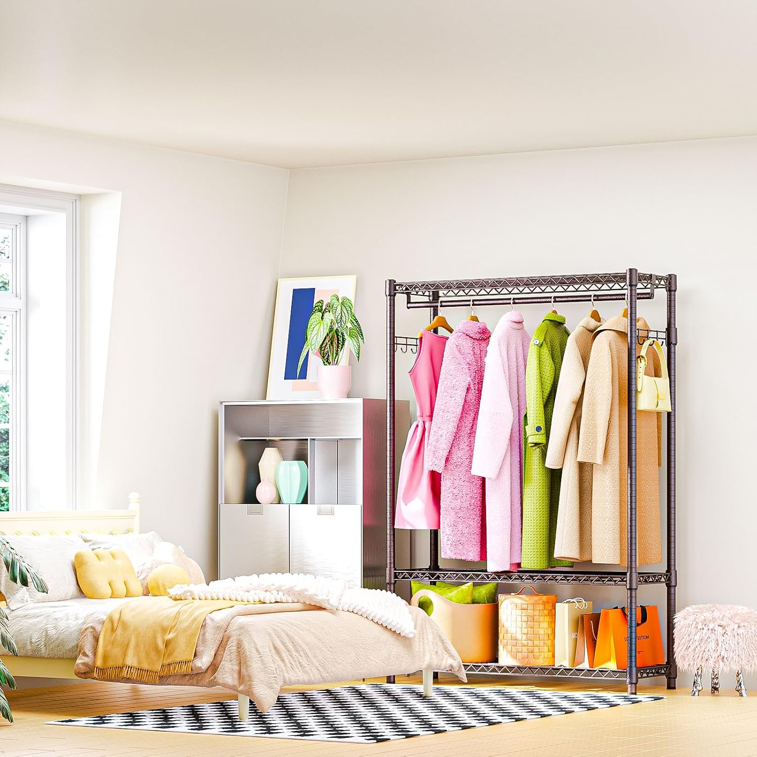 Heavy Duty Rolling Garment Rack 3 Tiers Adjustable Wire Shelving Clothes Rack with 1 Rods and Side