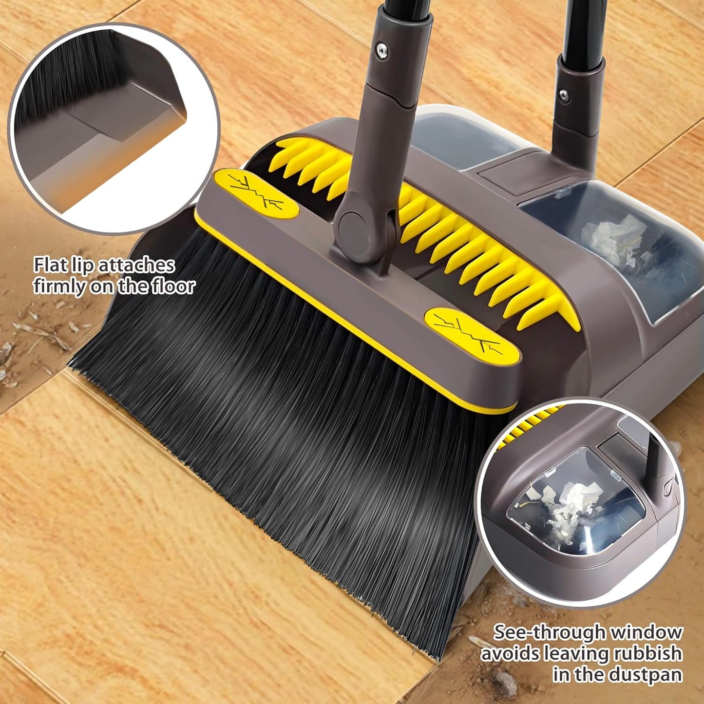 JEHONN Broom with Dustpan Combo Set, Long Handle Lightweight 180 Degree Rotating Sweeping Brush