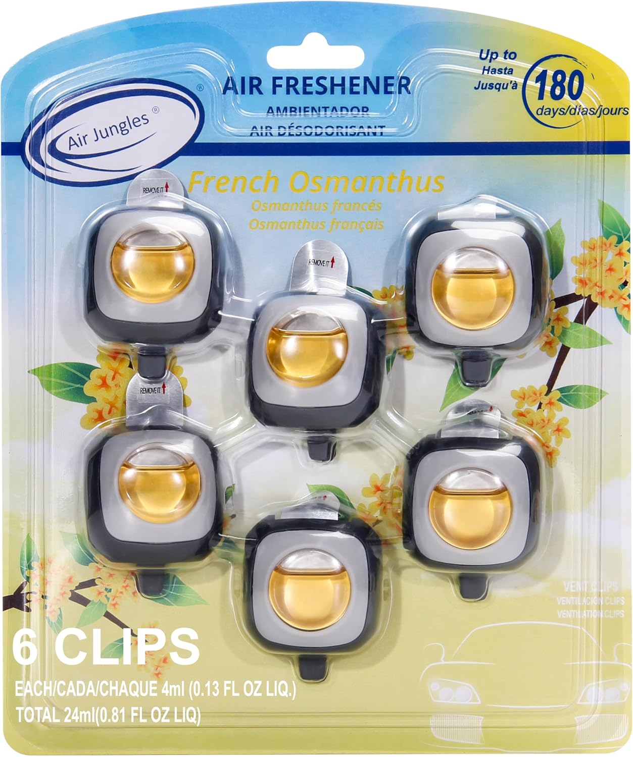 Air Jungles French Osmanthus Scent Car Air Freshener Clip, 6 Vent Clips, 4ml Each, Long Lasting Air