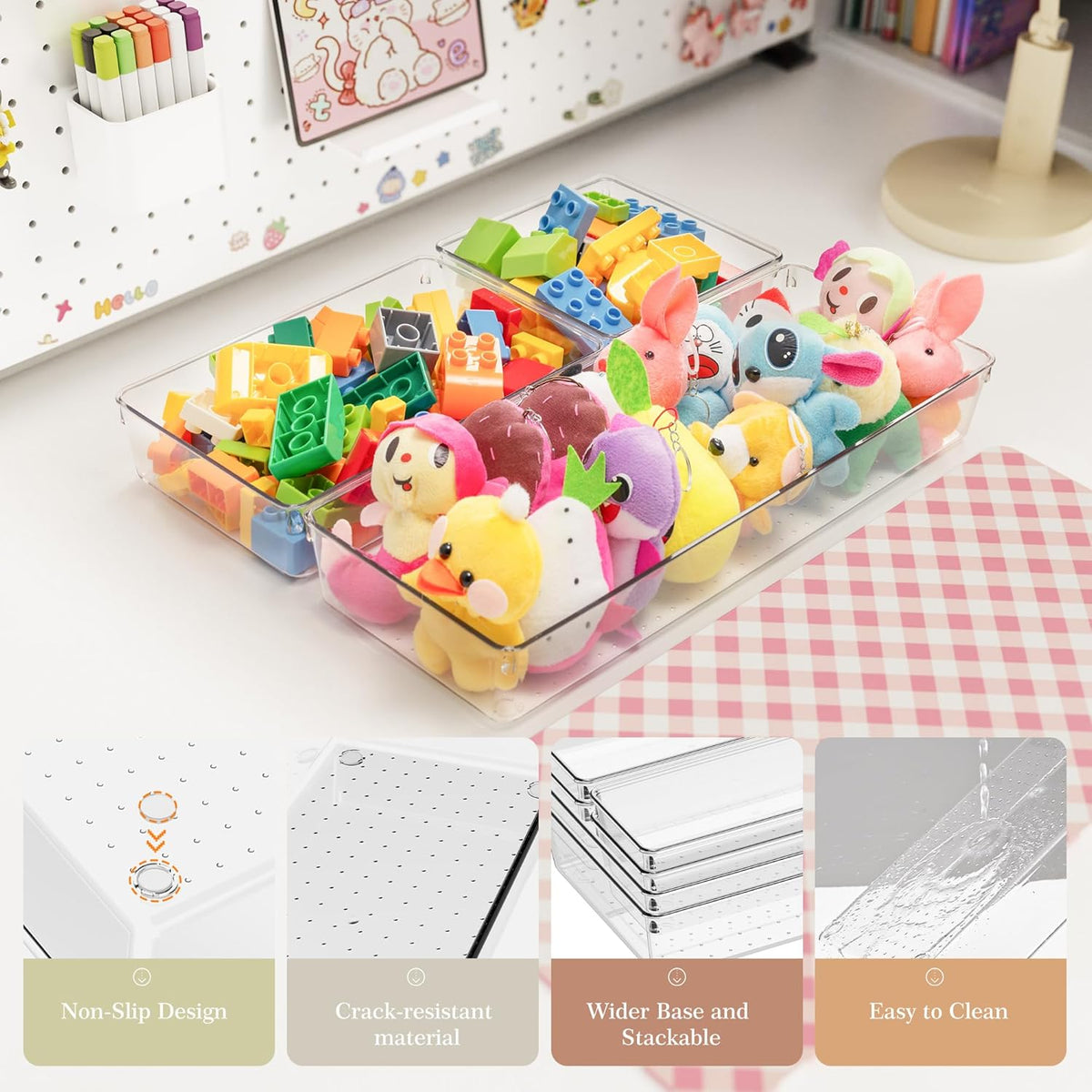 Criusia Drawer Organizer, 12 Pack Clear Plastic Kitchen Drawer Organizers Set,4-Size Versatile