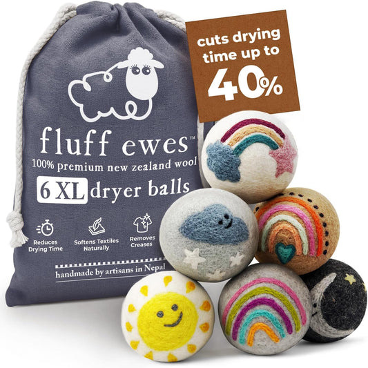 Fluff Ewes Wool Dryer Balls 6 Pack Premium New Zealand Wool Laundry Balls for Dryer, No Static