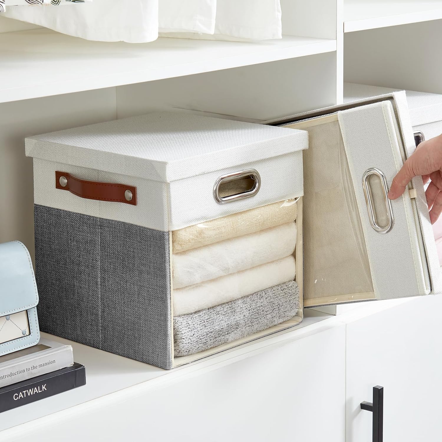 Fabric Storage Cubes with Clear Windows and Lids, 11'' Foldable Storage Bins with 3 Handles