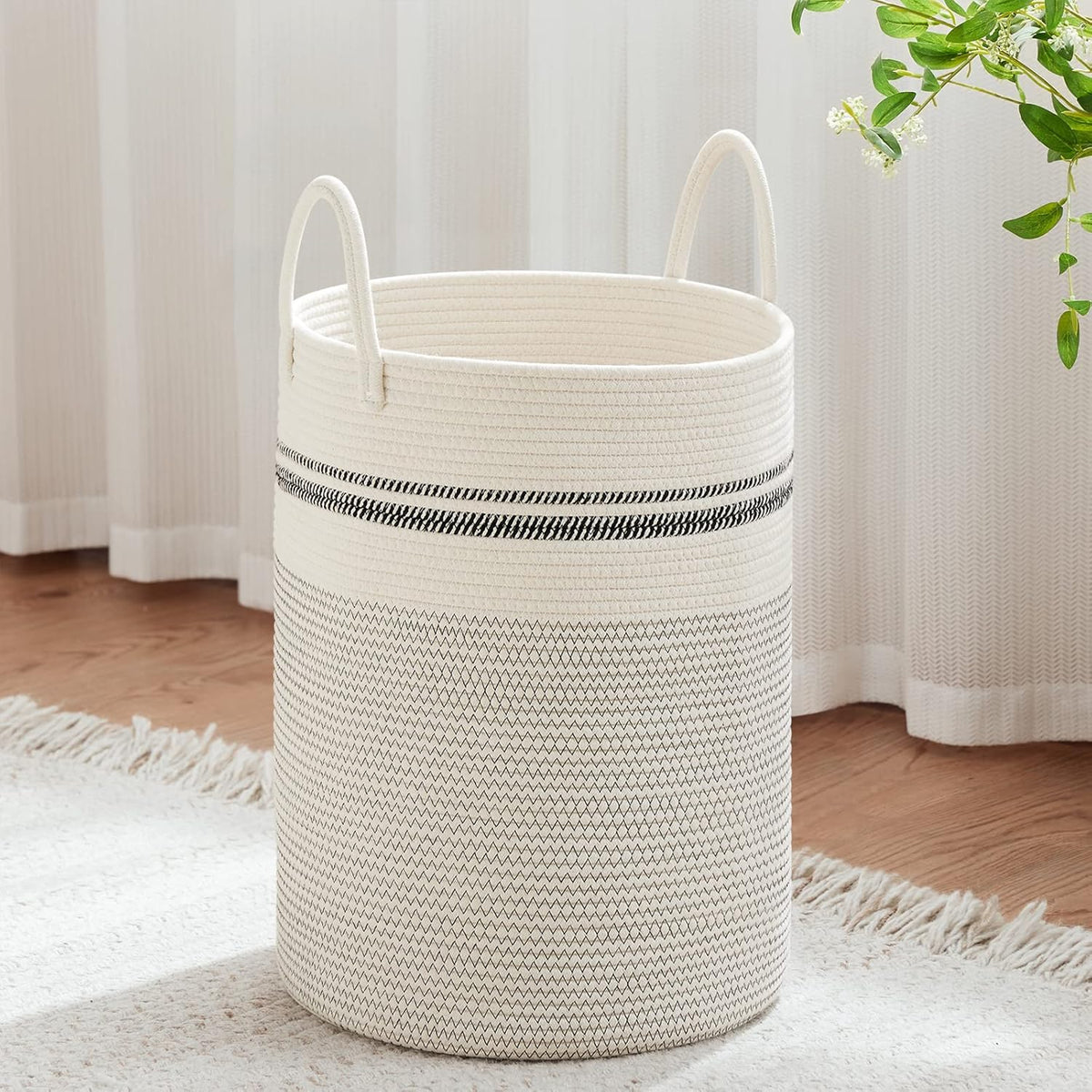 VIPOSCO Large Laundry Hamper, Tall Woven Rope Storage Basket for Blanket, Toys, Dirty Clothes in