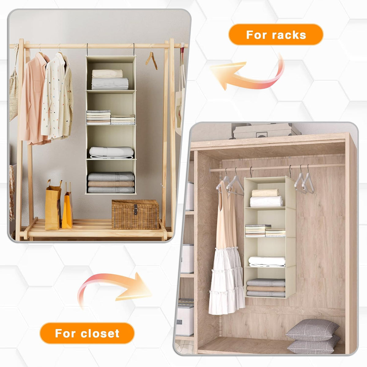 Hanging Closet Organizer, Easy Mount Foldable 4-Shelf Hanging Closet Wardrobe Storage Shelves