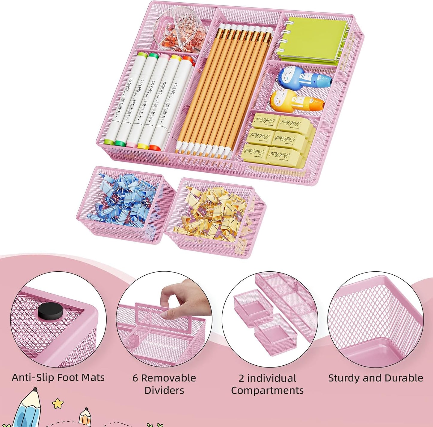 Marbrasse 3 Packs Desk Drawer Organizers, Metal Mesh Dividers with 9 Adjustable Compartments, Pen