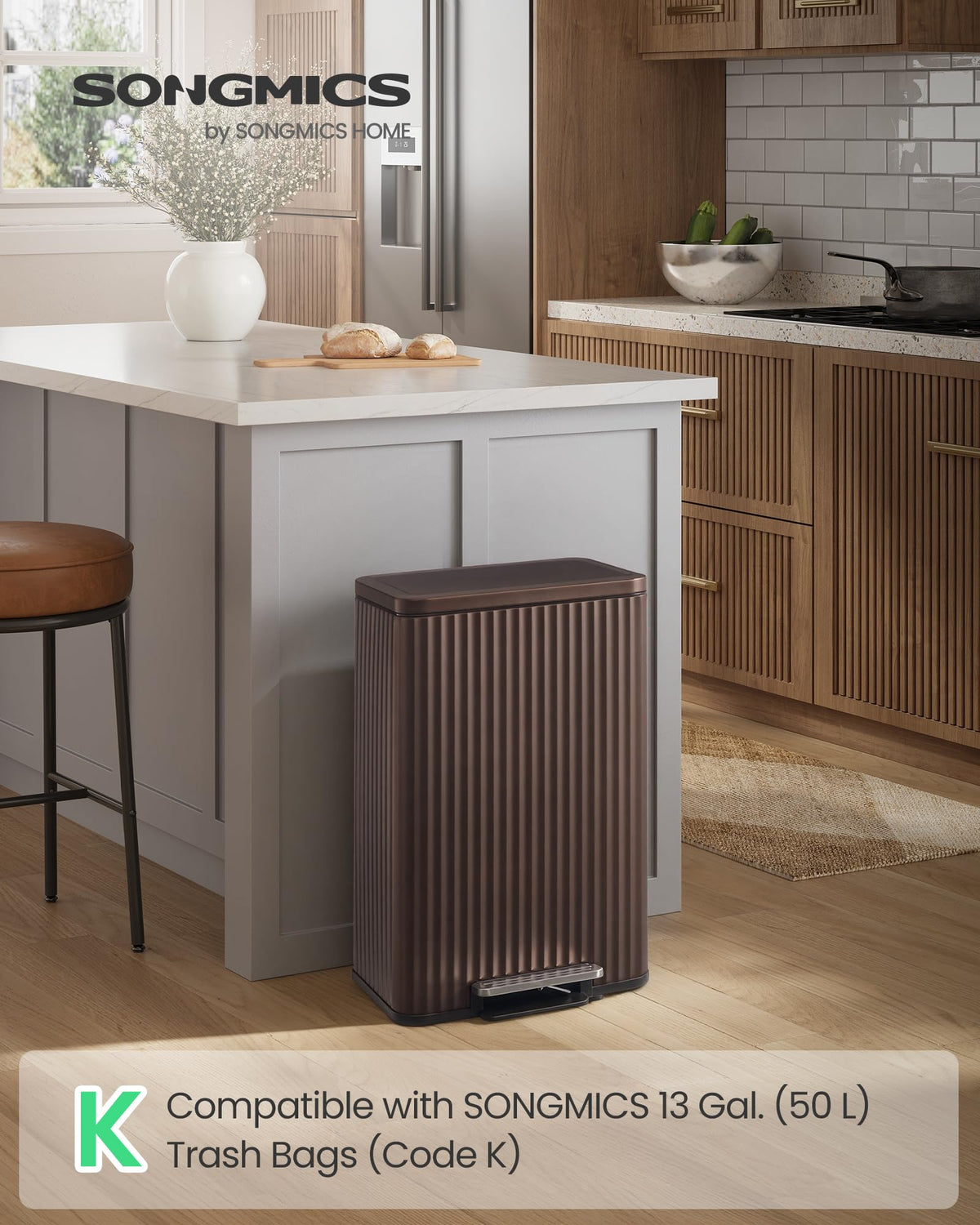 SONGMICS Trash Can, 13 Gallon (50 L) Garbage Can for Kitchen, with Lid, Pedal, and Removable Inner
