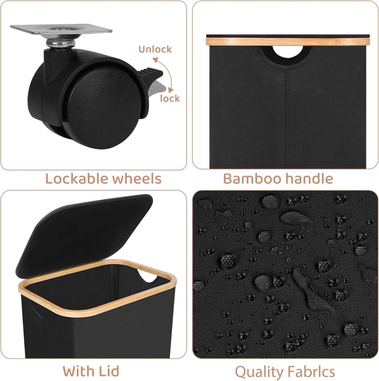 Laundry Basket with Wheels,100L Hampers for Laundry,Black Large Laundry Hamper with Lid and Bamboo