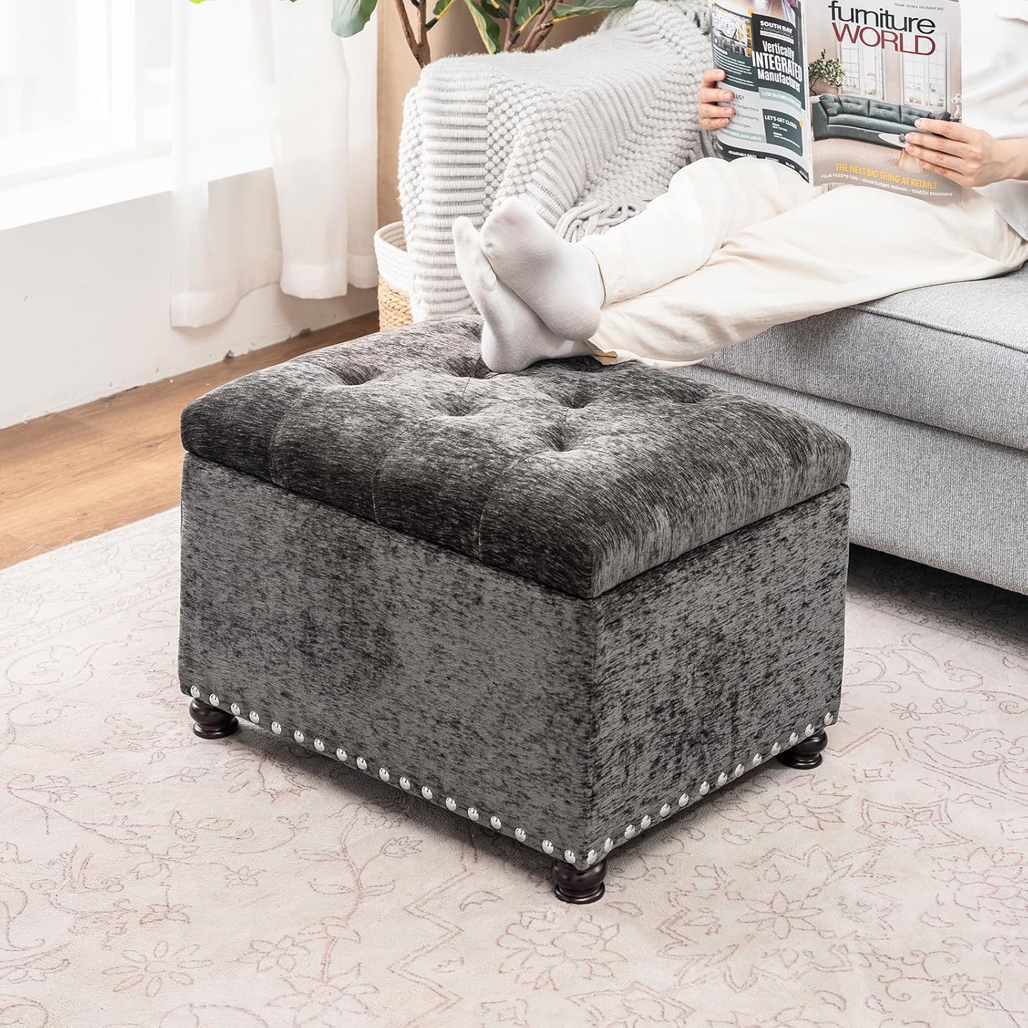 Joveco Storage Ottoman Bench, Rectangle 24" Velvet Foot Rest Stool Square Footstool for Living
