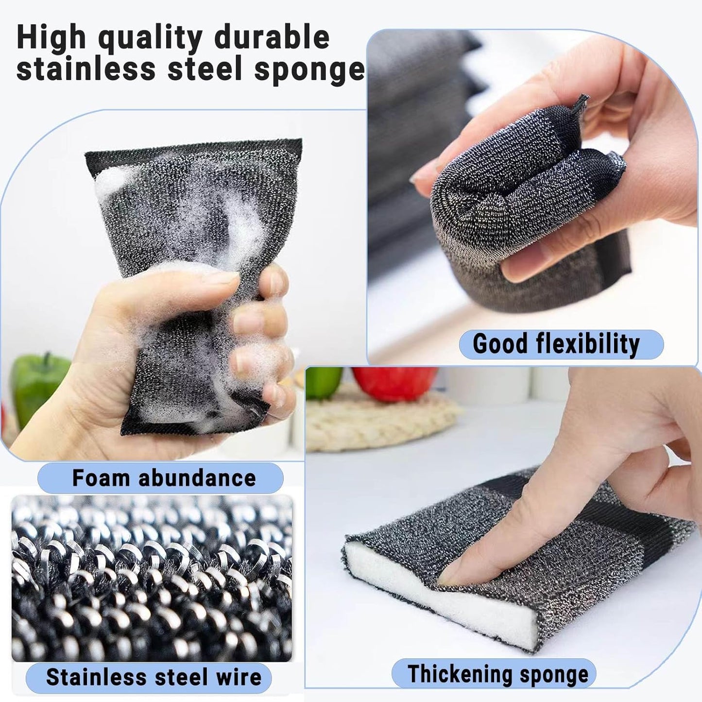 Steel Wool Scrubber Dish Sponges - Kitchen Scrubbing Pads Pot Scrubber for Kitchen Non Scratch