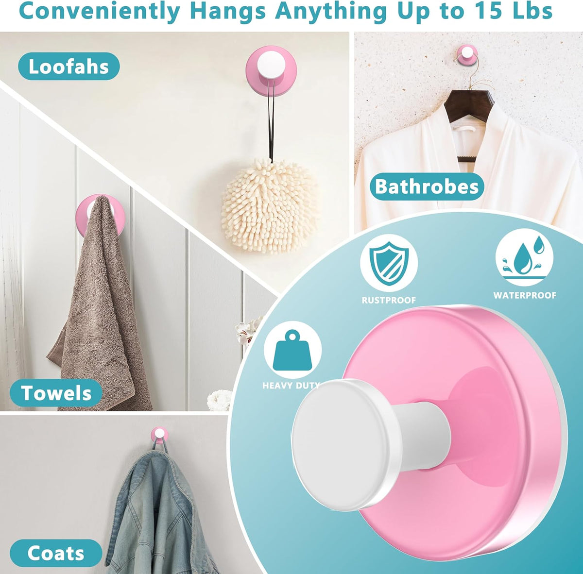 Suction Cup Hooks for Shower,Removable No Drill Towel Hooks,Upgraded 15 lbs Strong Suction hooks
