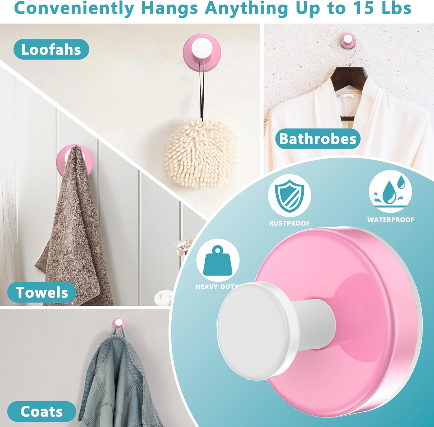 Suction Cup Hooks for Shower,Removable No Drill Towel Hooks,Upgraded 15 lbs Strong Suction hooks