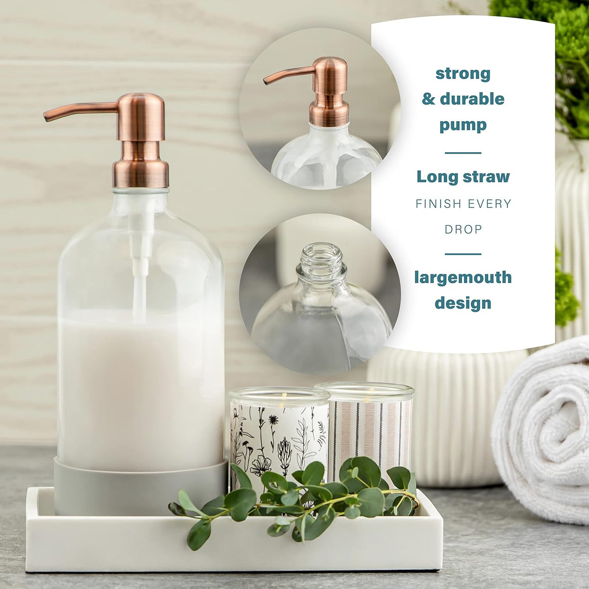 32 oz Glass Pump Bottle Rustproof Stainless Steel Pump, Funnel, and Lids. Modern Farmhouse Vintage