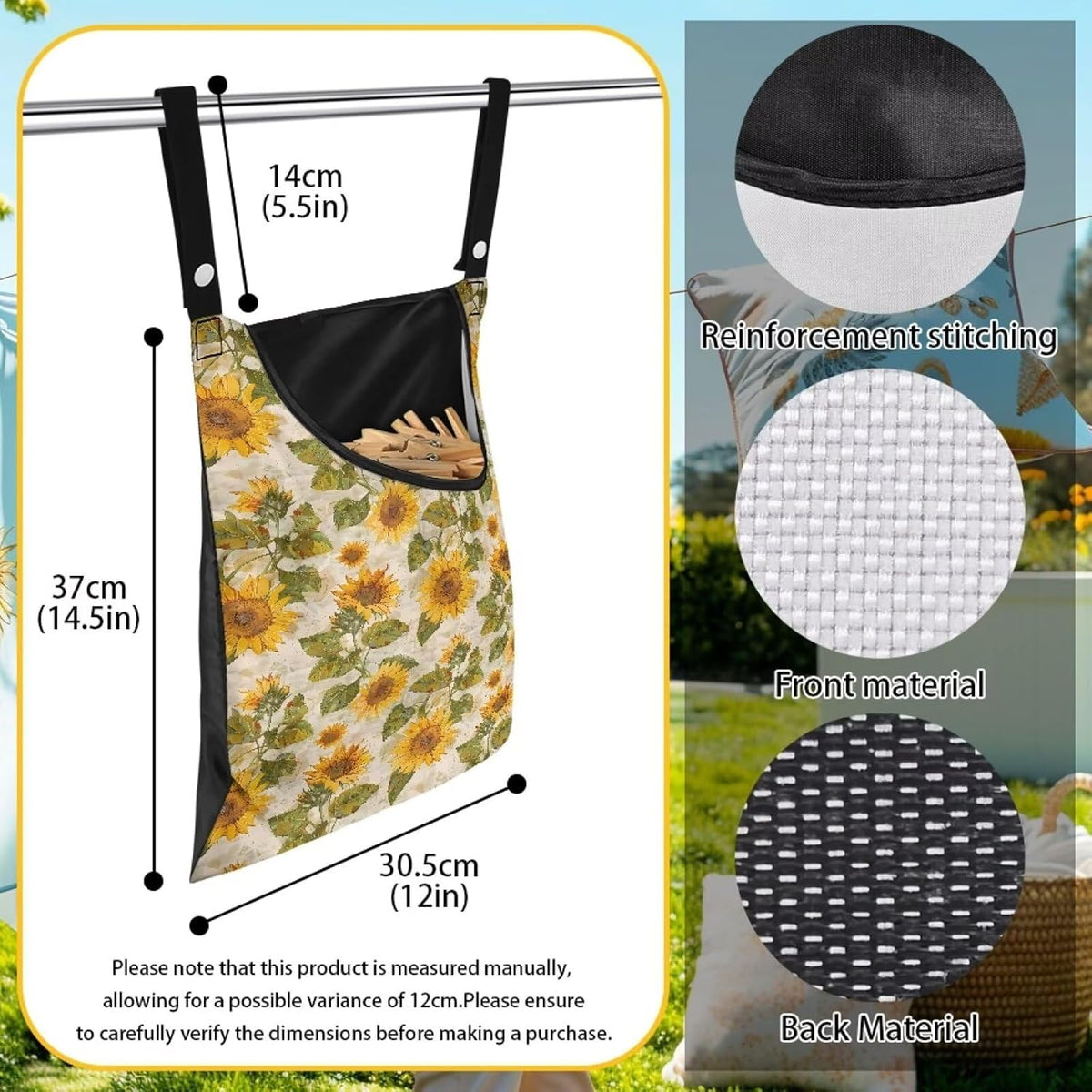 Sunflower Clothespin Organizer Bag with Hanging Hook Waterproof Clothes Pin Storage with Large