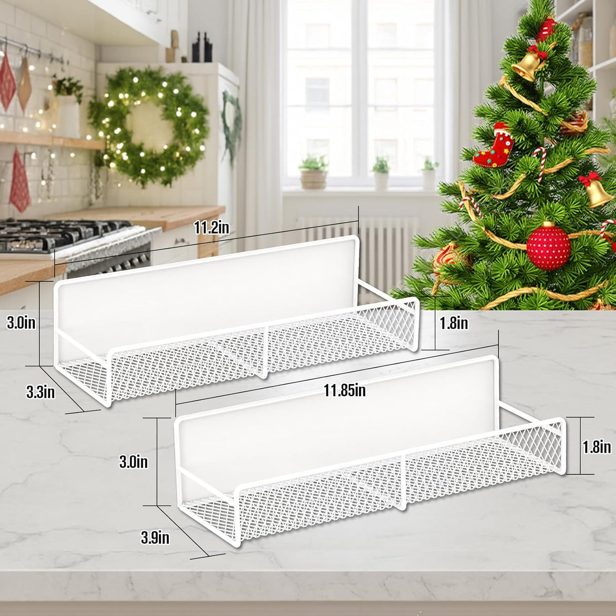 2 Pack Magnetic Spice Rack for Refrigerator, White Magnetic Shelf with 4 Removable Hooks, Rustproof