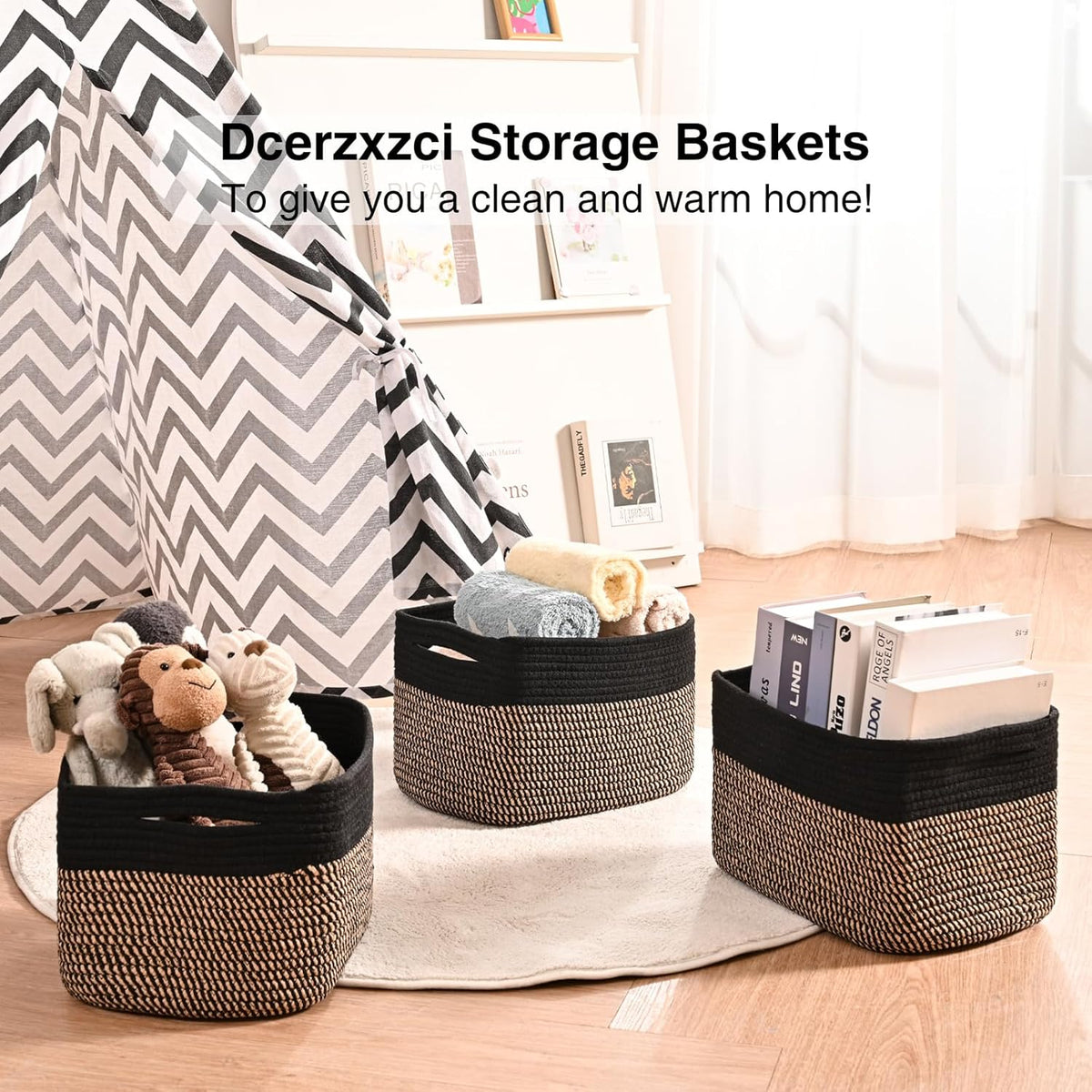 Small Storage Baskets for Organizing Shelves, Cotton Rope Basket for Storage, Cute Rectangular Book