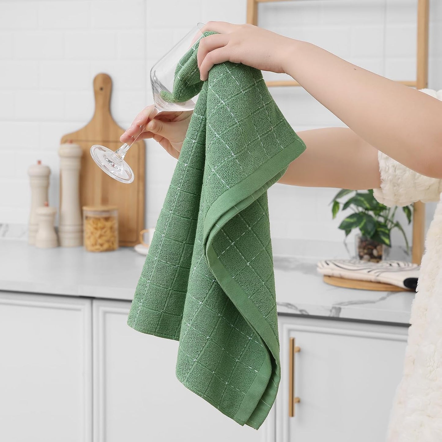 Homaxy 100% Cotton Terry Kitchen Towels(Grass Green, 20 x 28 inches), Checkered Designed, Soft and