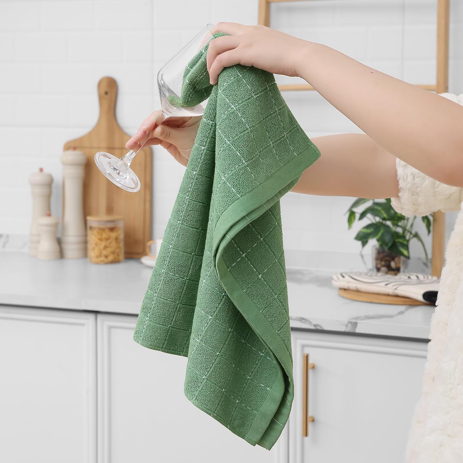 Homaxy 100% Cotton Terry Kitchen Towels(Grass Green, 20 x 28 inches), Checkered Designed, Soft and