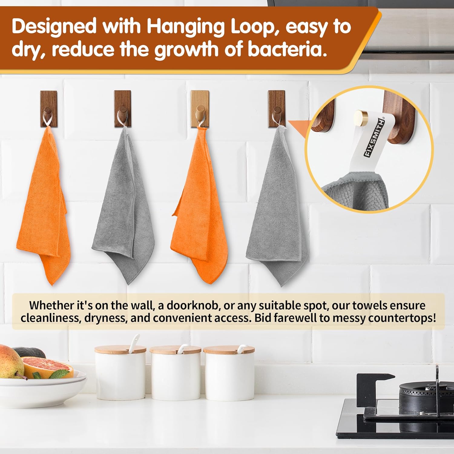 FIXSMITH Microfiber Cleaning Cloth -Pack of 8, Highly Absorbent Cleaning Rags(Grey&Orange), 16"X12"