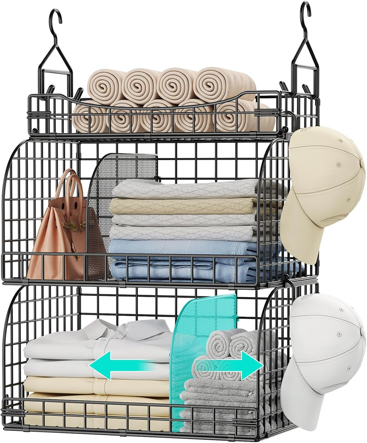 HapiRm Hanging Closet Organizer Storage - 3 Tier Metal Stackable Hanging Closet Shelves with