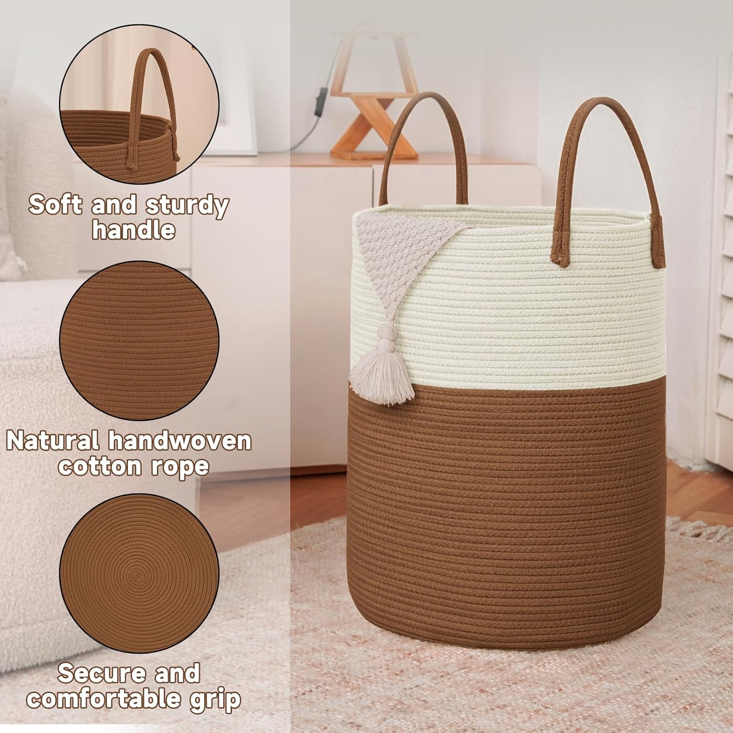 Large Woven Laundry Basket Hamper,60L Cotton Rope Storage Bin for Blankets,Toys and