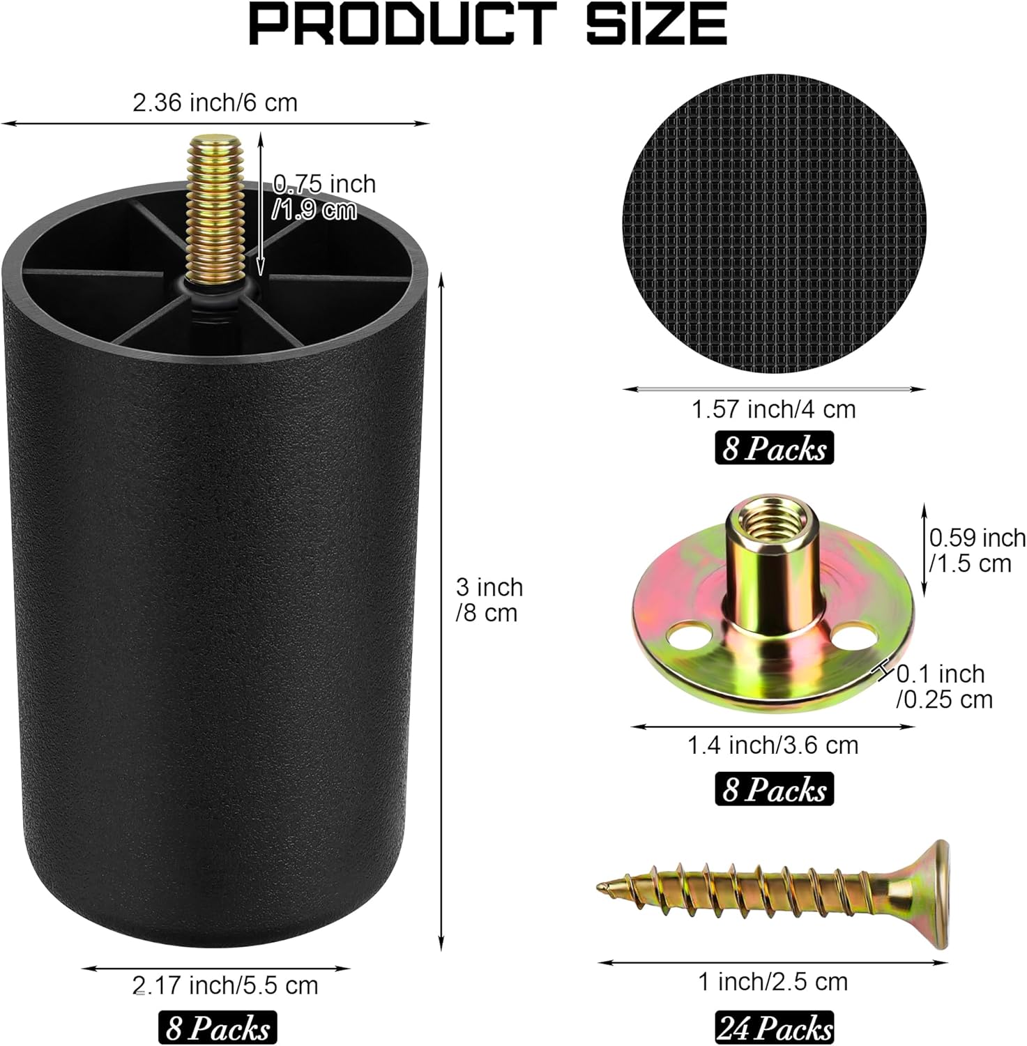 TURSTIN 8 Pack 3 Inch Plastic Furniture Legs with M8 T-Nuts Screws Tapered Sofa Couch and Chair