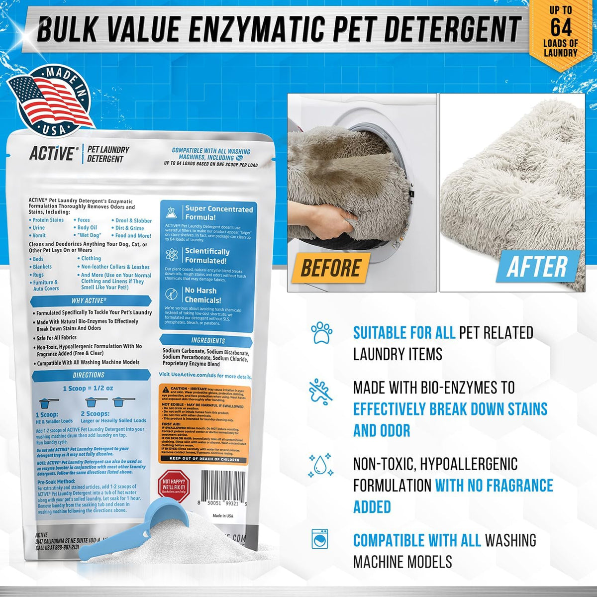 Pet Laundry Detergent Odor Remover - ACTIVE Enzyme Based Powder Detergent for Dogs Beds, Cat Pee