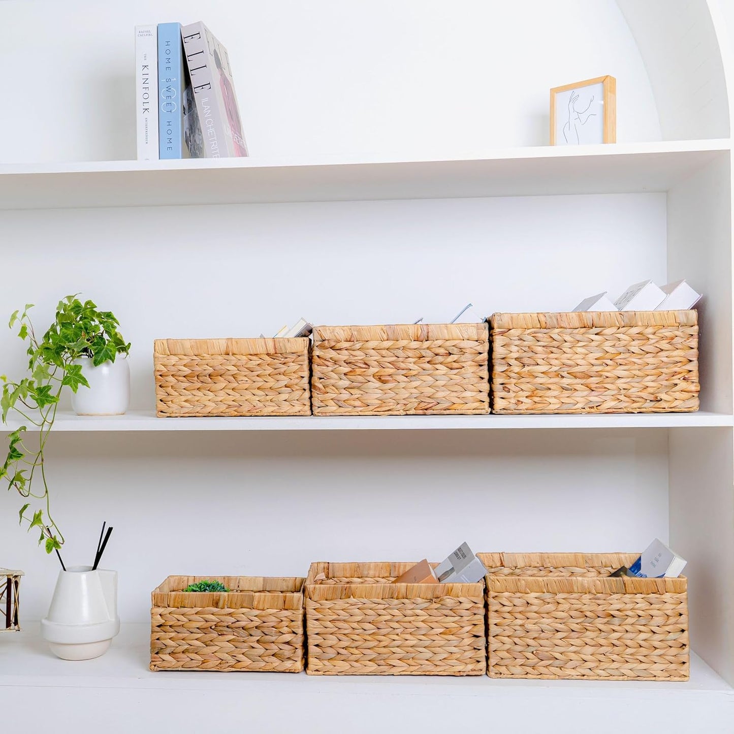 Set of 6 Wicker Storage Basket, Water Hyacinth Storage Baskets, Wicker Storage Baskets for Shelves