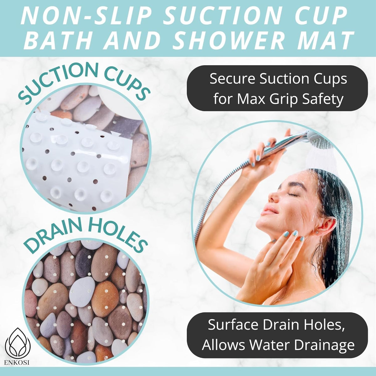 ENKOSI Bath Mat – Large 40 x 16 Inch Non-Slip Bathtub Mat with Suction Cups & Drain Holes – Extra