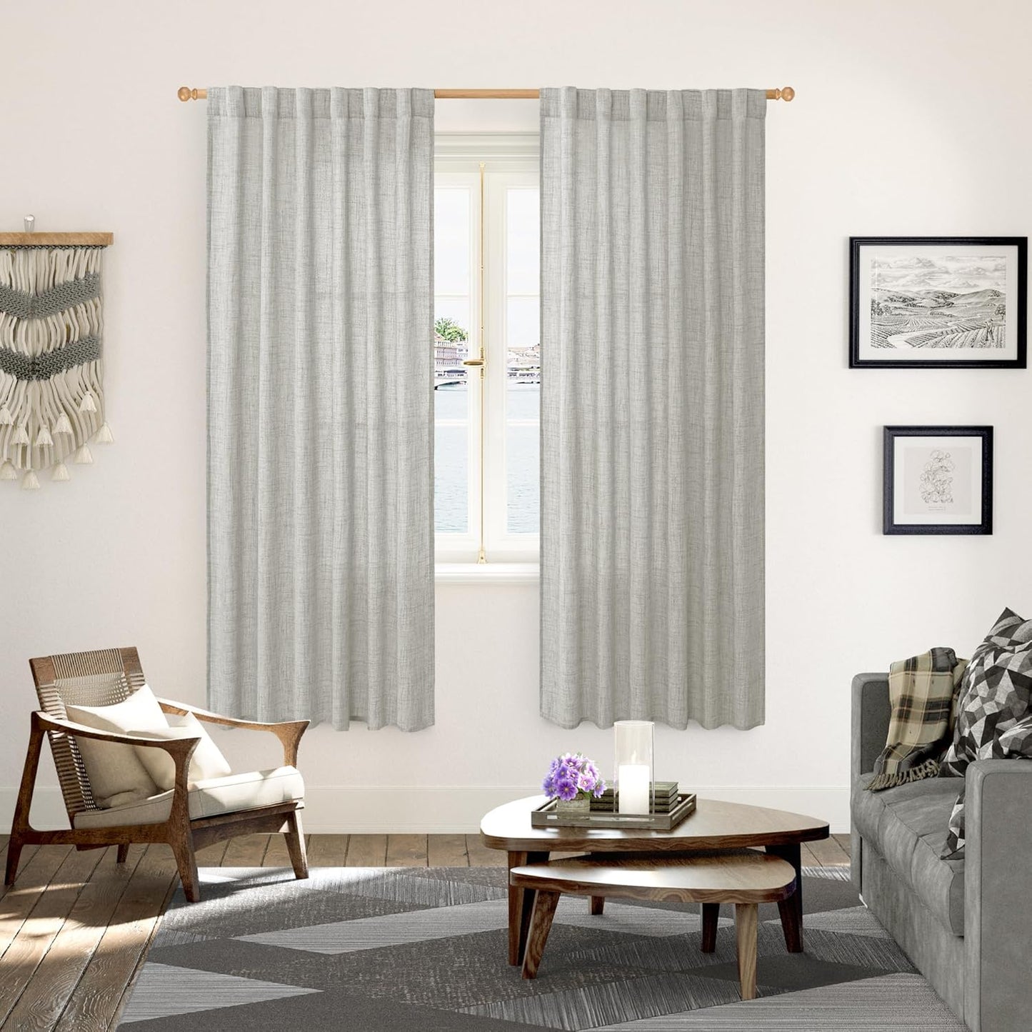 YoungsTex Light Grey Linen Semi Sheer Curtains for Living Room 2 Panels, Textured Light Filtering