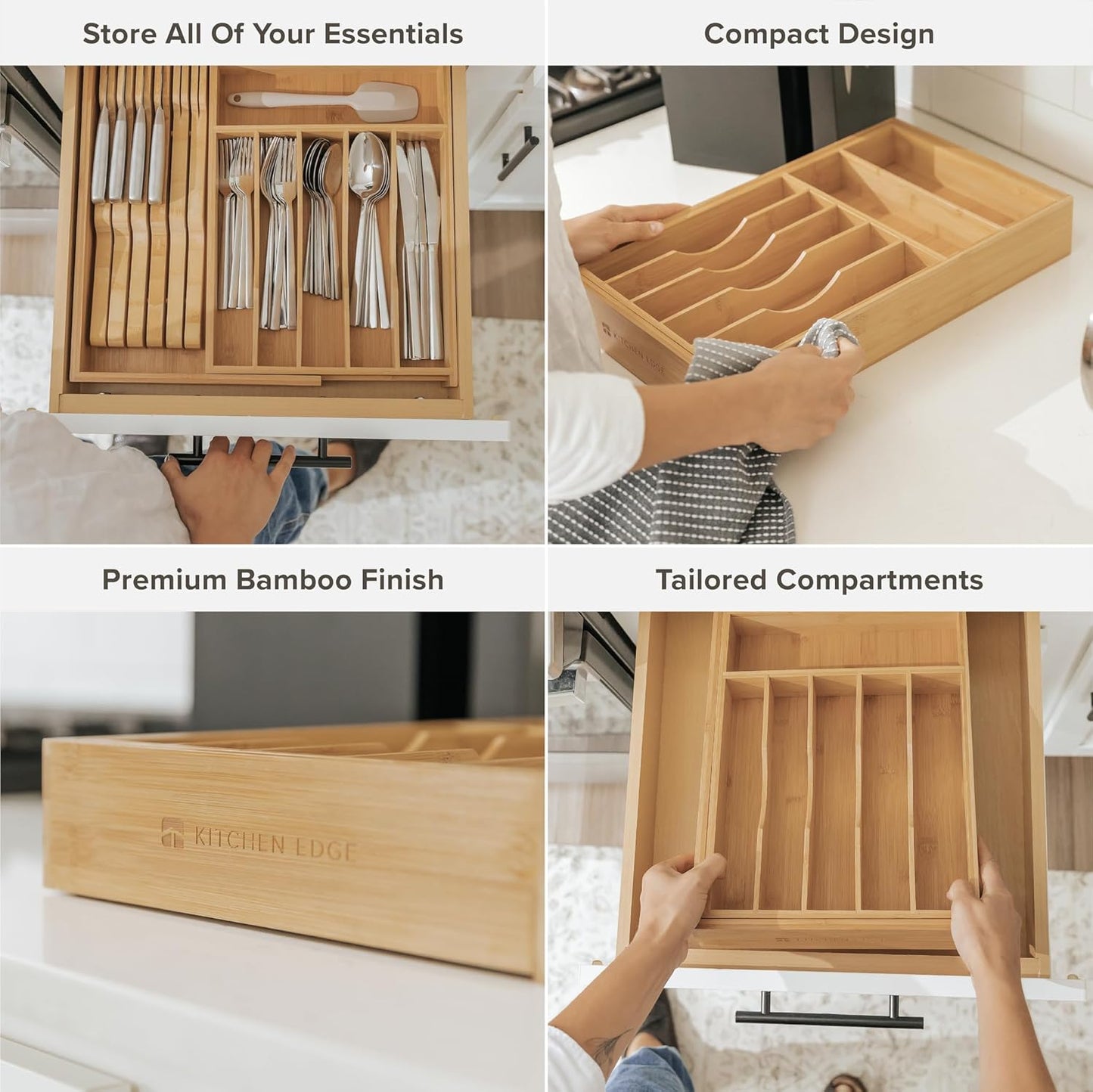 KitchenEdge Premium Silverware, Flatware and Utensil Organizer for Kitchen Drawers, Food-Safe