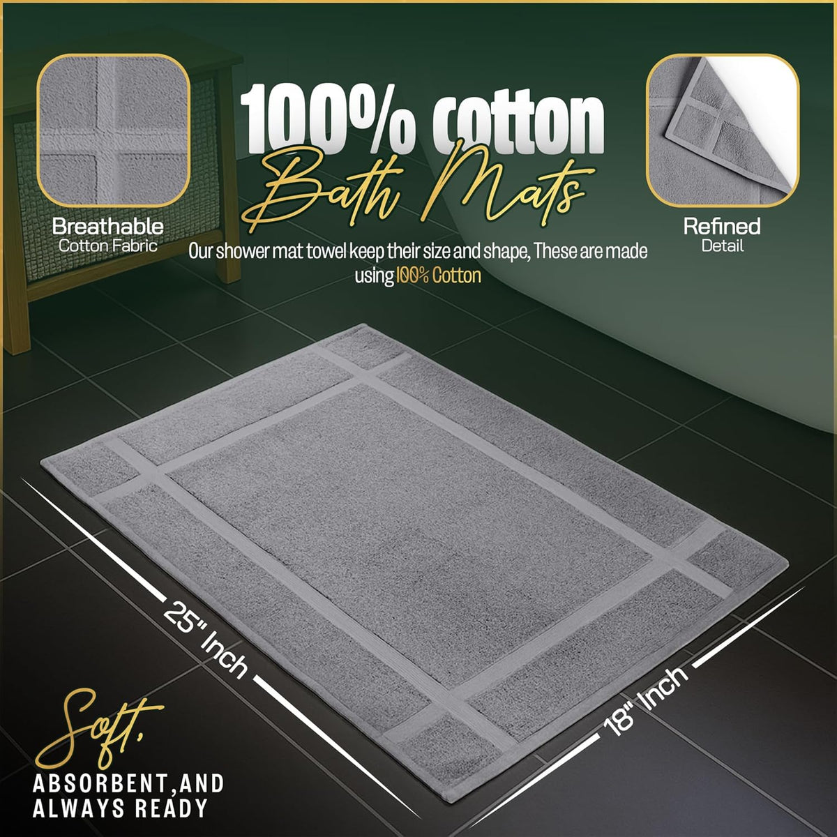 Pearl Linens Pack of 6 Washable Cotton Bath Mat 18x25 - Soft & Absorbent Quick Dry Bathroom Mat