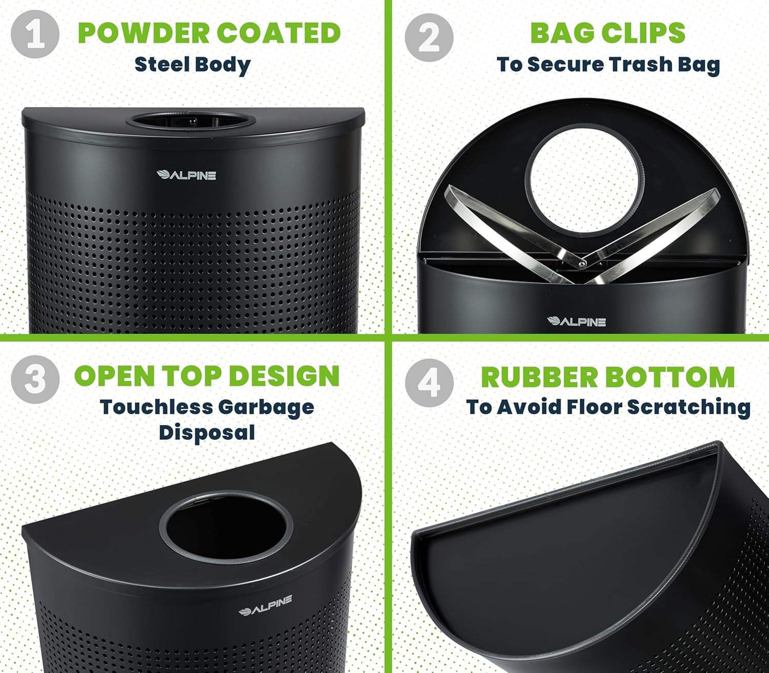 Alpine Half Round Trash Can Open Top - Modern Black Metal 12 Gallon, Space Saving Indoor Commercial