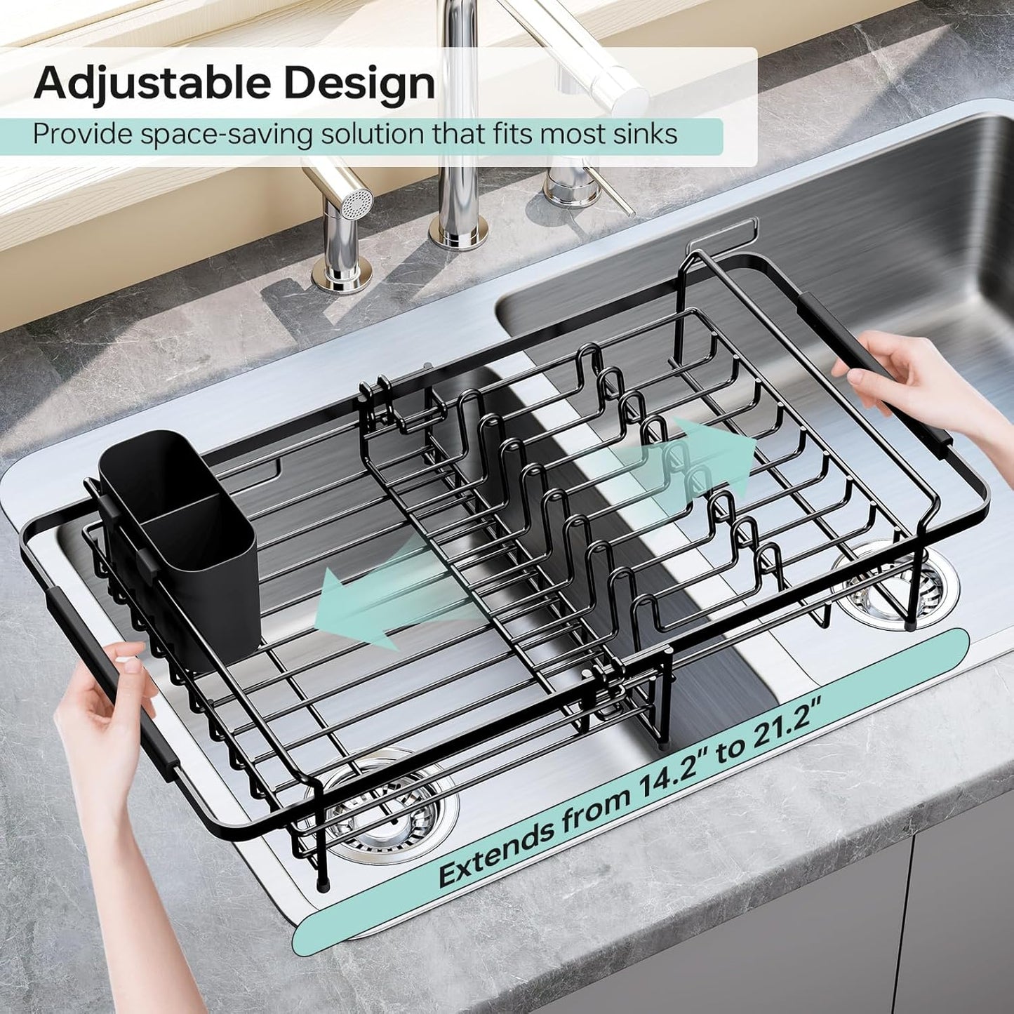 Dish Drying Rack in Sink - Expandable (14.5''-18''L) Over The Sink Dish Rack with Utensil Holder