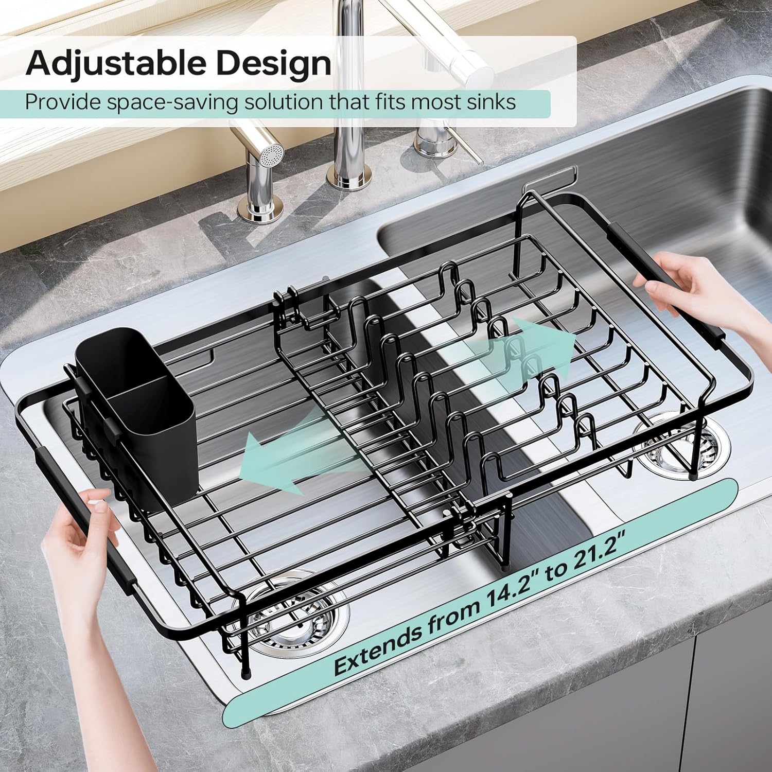 Dish Drying Rack in Sink - Expandable (14.5''-18''L) Over The Sink Dish Rack with Utensil Holder
