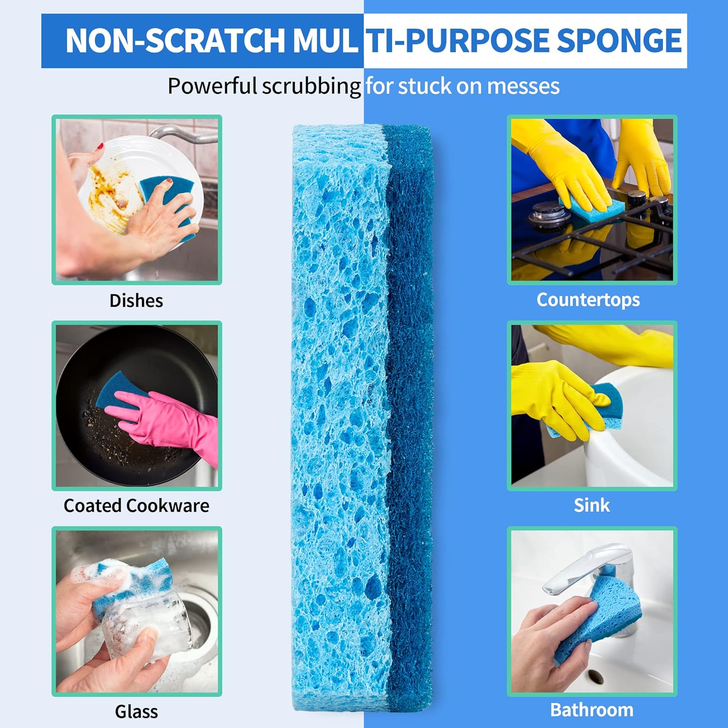 HOMERHYME Non-Scratch Cellulose Scrub Sponges 24 Pack, Kitchen Sponge with Double-Side & Ergonomic