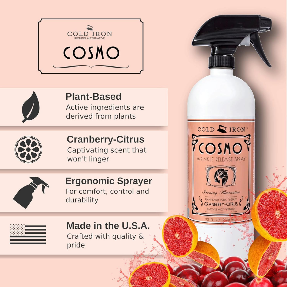 Cold Iron Wrinkle Release Spray 32 fl oz. Cranberry-Citrus. Plant Based Ironing Alternative. Fast