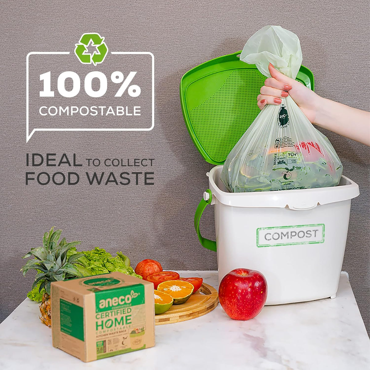 (Include 10 Bonus Bags) ANECO 100% Compostable Waste Bags 2.6 Gallon, Extra Thick Kitchen Small