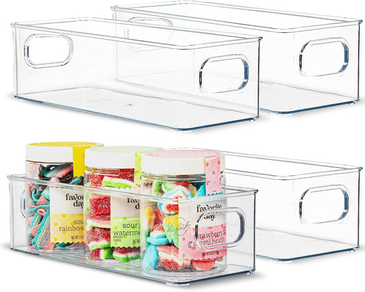 Plastic Food Storage 4 Pack Clear Container Bin with Handles for Organizing Kitchen, Pantry