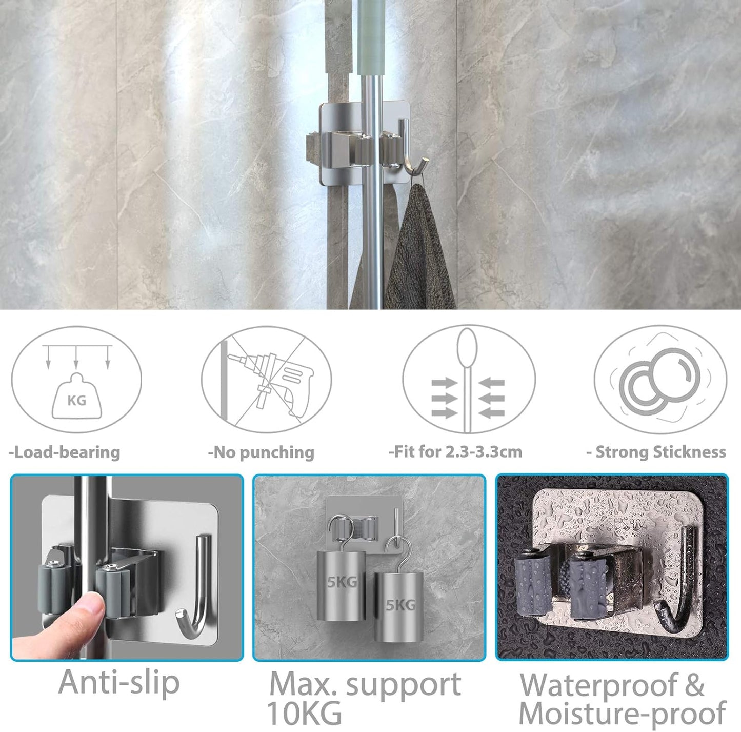 Mop Broom Holder No Drill, Mop Broom Organizer Wall Mounted Heavy Duty with Hooks Hanger, Self