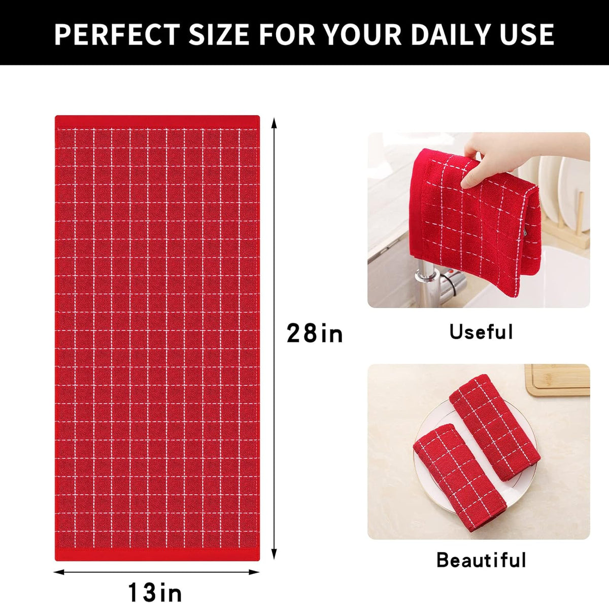 Homaxy 100% Cotton Terry Kitchen Towels(Red, 13 x 28 inches), Checkered Designed, Soft and Super