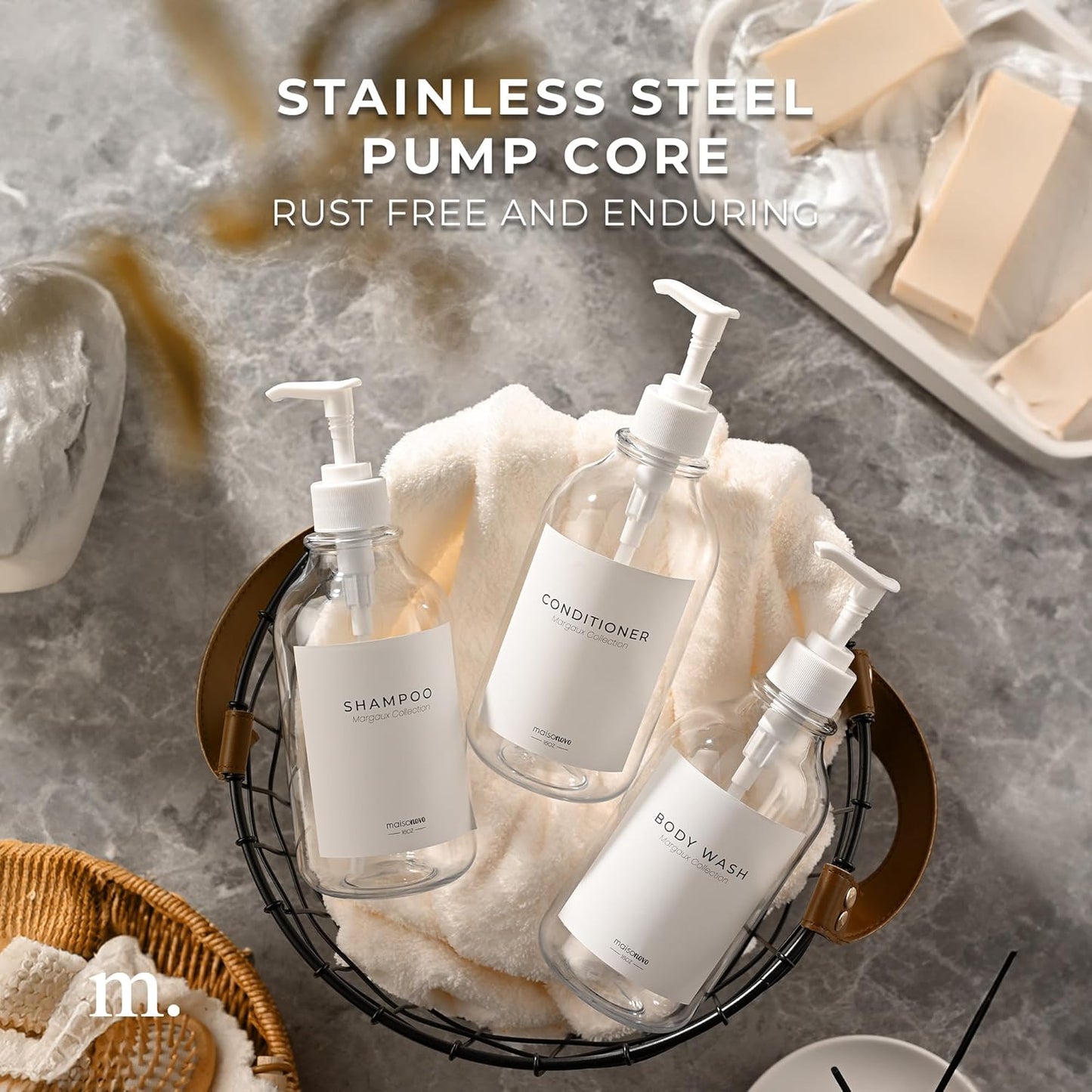 MaisoNovo Refillable Shampoo and Conditioner Bottles | 16.9 fl oz Set of 3 Clear Plastic Bottles