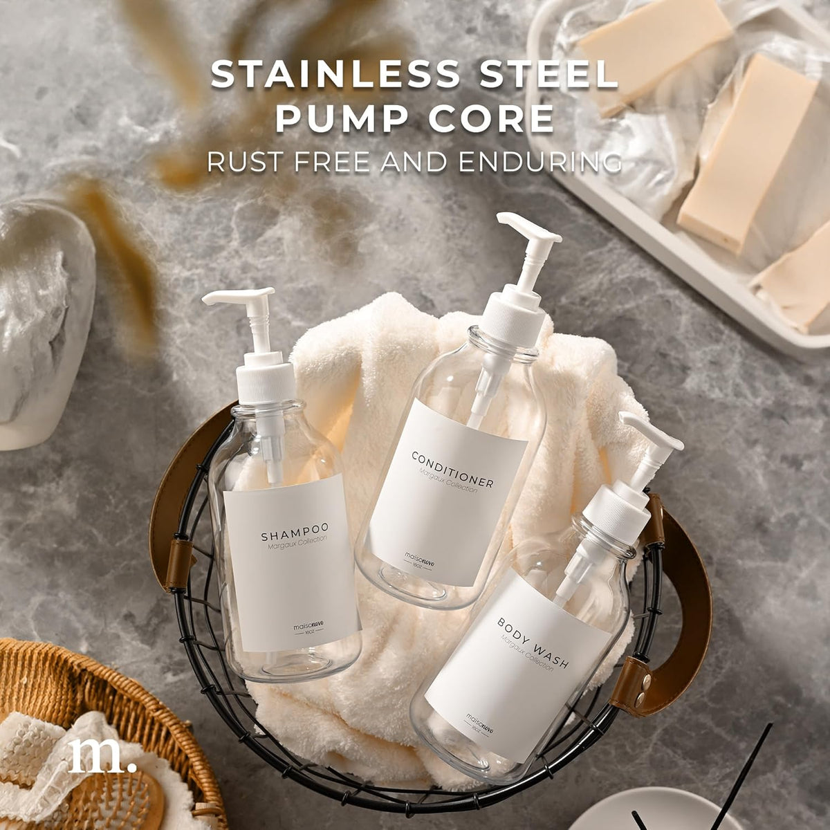MaisoNovo Refillable Shampoo and Conditioner Bottles | 16.9 fl oz Set of 3 Clear Plastic Bottles