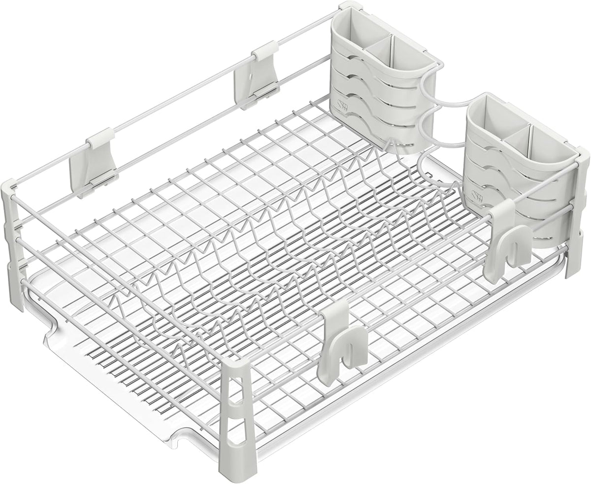 SIMPLE HOUSEWARE White Dish Drying Rack with Drainboard, Utensil Holder & Mug Hooks – Metal Kitchen