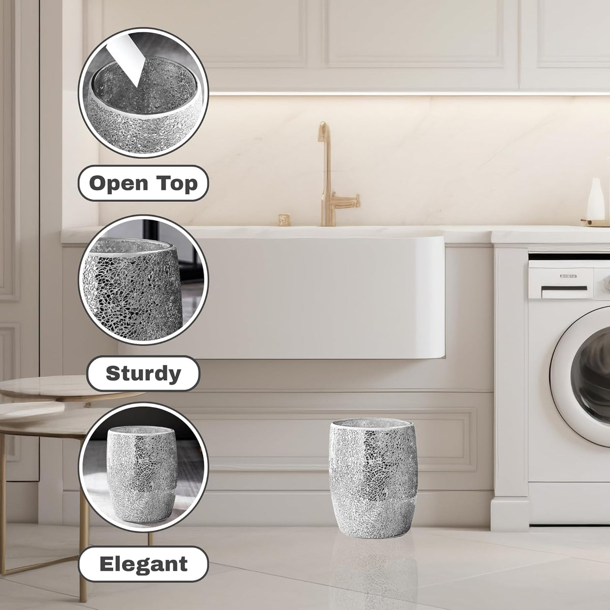 Escenzy Modern Bathroom Trash Can Silver Mosaic Glass 5L | 7" x 10" | Luxury Waste Basket for
