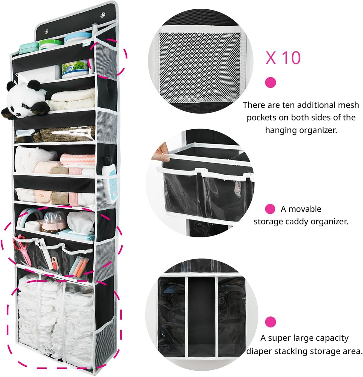 Door Hanging Storage Organizer,with 3 Bins 1 Movable Baby Diaper Caddy,1 Large capacity diaper