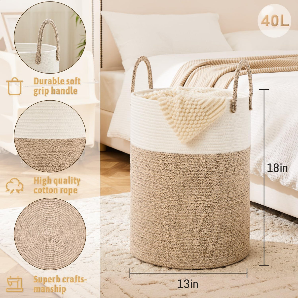 Laundry Basket,Woven Cotton Rope Laundry Hamper,40L for Decorative Storage of Dirty Clothes,Toys